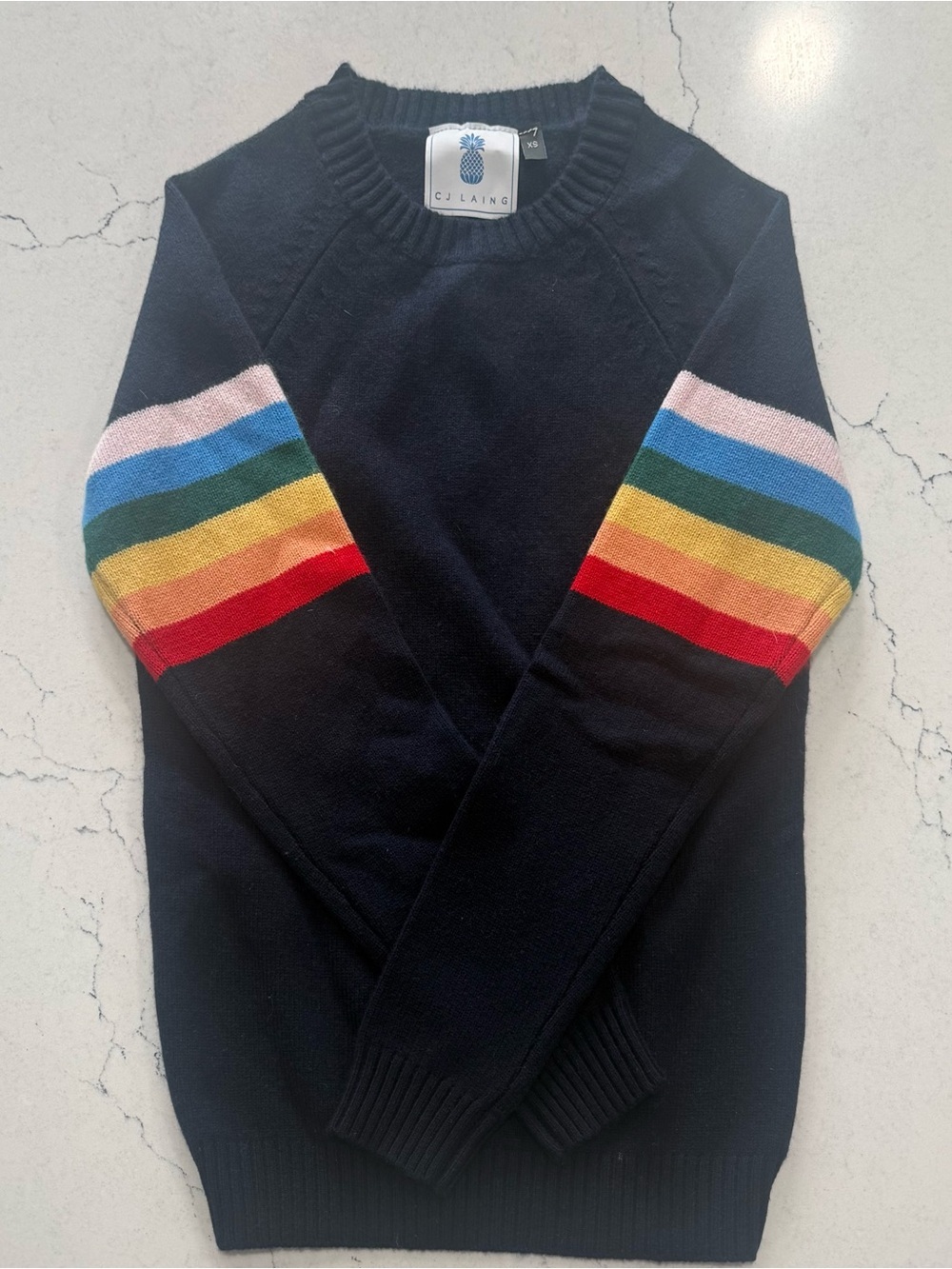 CJ LAING Women’s Navy Cashmere Crew Neck Pullover Sweater Rainbow Sleeves XS